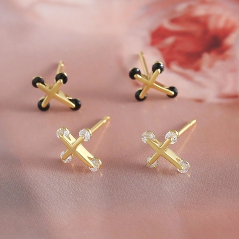 Orecchini A Perno A Croce A Forma Di X In Rame Placcato Oro 18K Per Donna Gioielli Geometrici Neri Semplici Di Moda