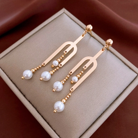 Geometrische Künstliche Perlenohrringe Goldfarben Kupfer Langer Tropfen Mit Silbernem Ohrstecker Im Vintage Schmuck Stil Für Damen