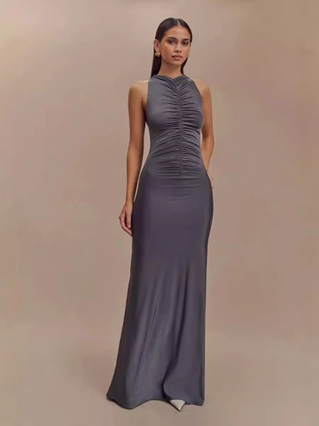 Vestito Lungo Senza Maniche Arricciato Vestibilità Aderente Tinta Unita Misto Polie-stere Elastan Elegante Sexy Festa Per Donne