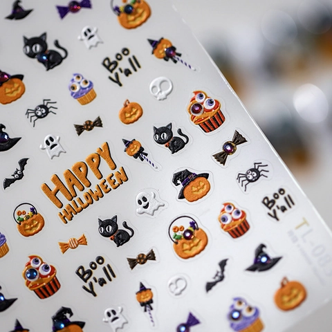 Stickers Ongles Halloween Relief 3D Autocollants Citrouille Fantôme Chat Noir Décorations De Manucure Avec Strass