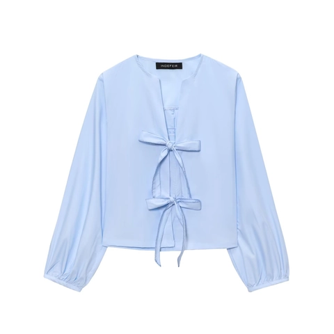 Camicetta da Donna Casual con Fiocco Scollo a V Manica Lunga a Lanterna Camicia in Poliestere Elegante Top alla Moda