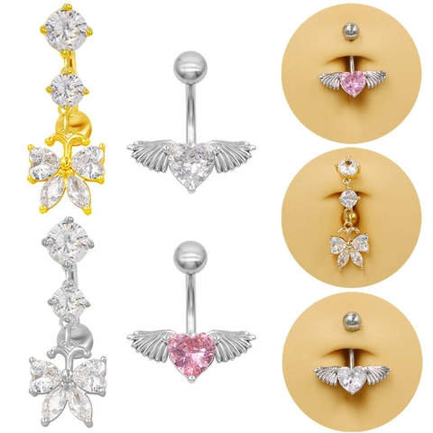 Zinc Alloy Belly Button Rings European Style Heart Butterfly Wing Rhinestone Inlaid Body Piercing Jewelry Gold Silver