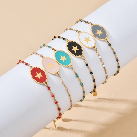 Pulsera de Acero Inoxidable con Dije de Estrella y Pentagrama para Mujer Cuentas de Esmalte Coloridas Cadena Ajustable Joyería Elegante