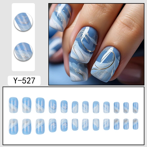 Short Square Press On Nails Light Blue White Marble Texture With Gold Lines Silver Glitter Removable False Nails For Women
