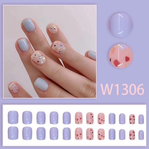 Lavender Press On Nails Short Square Colorful Glitter Confetti Pattern Glossy Autumn Winter Artificial Nails For Women