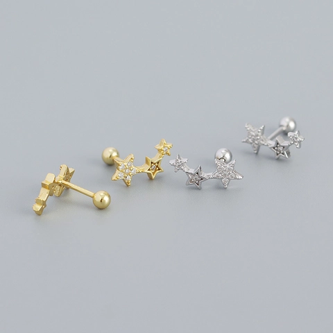 925 Sterling Silver Star Stud Earrings For Women CZ Triple Star Screw Back Geometric Cartilage Piercing Jewelry
