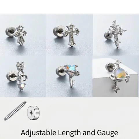 Titanium Steel Cartilage Stud Earrings Colorful Zirconia Heart Key Cross Planet Music Note Screw Back Piercing Jewelry