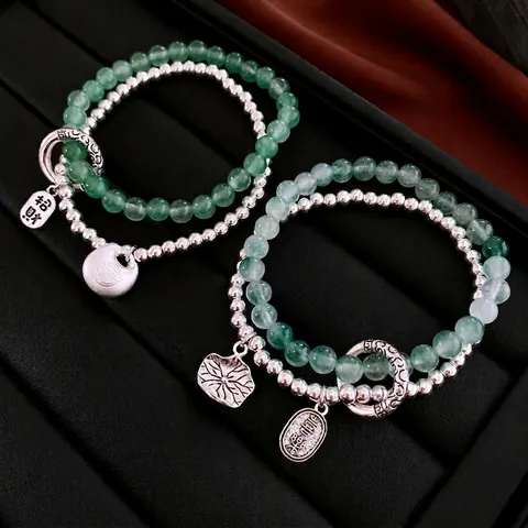 Zweilagiges Perlenarmband Legierung Grüner Farbiger Jadestein Lotusblatt Segen Schloss Anhänger Vintage Neu-Chinesischer Stil Schmuck Für Frauen