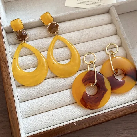 Geometric Teardrop Resin Dangle Earrings With Silver Earring Post Vintage Marble Tortoiseshell Round Hollow For Women