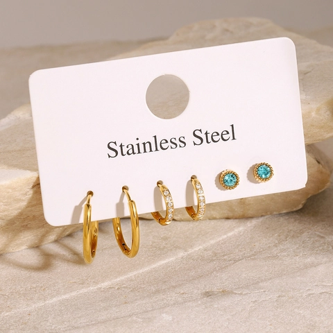 Gold Plated Stainless Steel Earrings Zirconia Blue Gemstone Hoop Stud Jewelry For Women Hypoallergenic Elegant Accessories