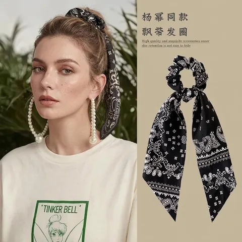 Satin Ribbon Scrunchies For Women Paisley Floral Print Elastic Hair Ties With Long Streamers Ponytail Holder Fashion