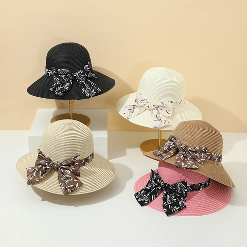 Cappello di Paglia a Tesa Larga da Donna Protezione Solare Estiva Pieghevole Cupola Rotonda Con Fiocco in Nastro Floreale Vacanza