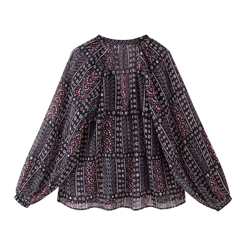Bohemian Paisley Print Blouse For Women V Neck Long Bubble Sleeve Loose Ethnic Chiffon Shirt Pullover Top