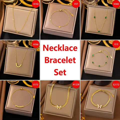 Stainless Steel Necklace And Bracelet 18K Gold Plated Heart Artificial Pearl Gemstone Zirconia Elegant Fashion Accessory For Women