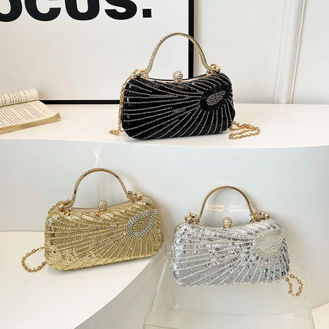 Sequin Rhinestone Evening Bag Metallic Handle Box Clutch Vintage Banquet Party Shoulder Crossbody Bag With Chain Strap