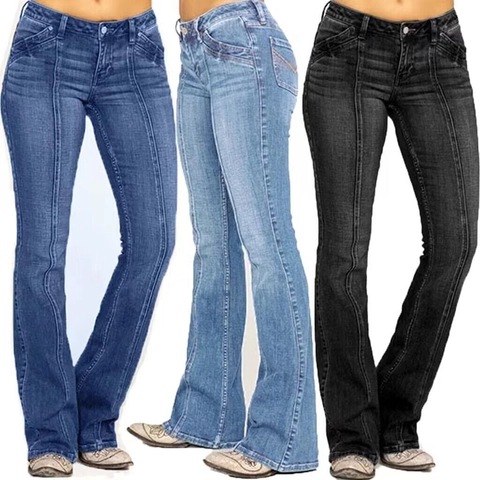 Damen Vintage Flare Jeans Hohe Taille Baumwolle Denim Elastisch Schlanke Passform Retro Hose Mittenaht Detail