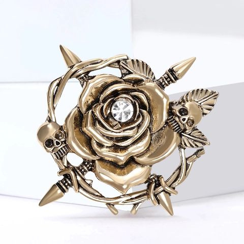 Vintage Alloy Rose Skull Brooch With Rhinestone Gothic Style Jewelry Pin For Women Suit Coat Accessory Antique Gold Silver