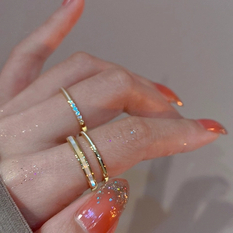 Double Layer Open Ring And Thin Zircon Ring Gold Plated Alloy With Enamel Inlay Elegant Jewelry For Women