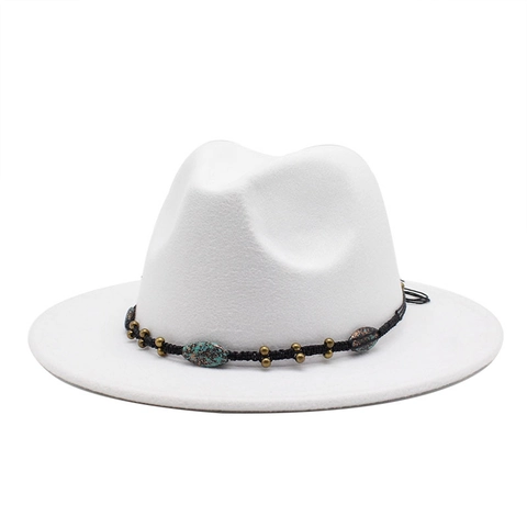 Vintage Woolen Fedora Hat Wide Brim Jazz Cap With Bohemian Braided Band Turquoise Beads For Men Women