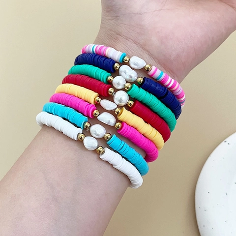 Bracciale Bohémien In Natürliche Barockperle Heishi In Argilla Polimerica Con Perla Barroca Natural Barocca E Natürliche Barockperle In Acciaio Dorato Gioielli Da Spiaggia Estivi Per Donne