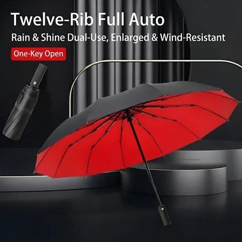 Fully Automatic Folding Umbrella 12 Ribs Double Layer Large Windproof UV Protection Pongee Alloy Business For Adult