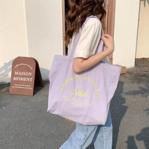 Aesthetic Canvas Tote Bag Large Capacity Letter Print Embroidery Handbag For Women Daily Shopping School Commute