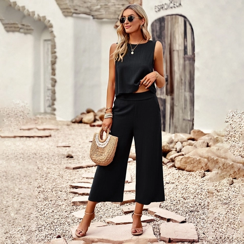 Mouwloze Top En Wijde Pijpen Broek Casual Effen Kleur Katoen Linnen Zomer Vakantie Outfit Voor Dames