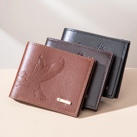 Mens Wallet PU Leather Eagle Embossed Short Bifold RFID Blocking Minimalist Storage Business Casual Credit Card Holder