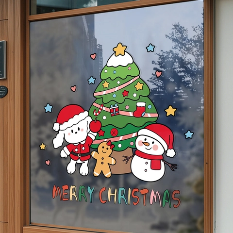 Christmas Window Stickers PVC Static Cling Reusable Decals Santa Snowman Puppy Cartoon Holiday Shop Display Decor