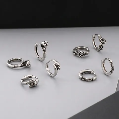 Stainless Steel Gothic Punk Creolen Vintage Silber Totenkopf Schlange Rose Blume Retro Nische Schmuck Für Männer Frauen