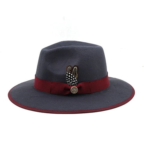 Cappello Fedora Retro In Feltro Di Lana Ala Larga Per Uomo Donna Grigio Con Nastro In Piuma Bordeaux E Spilla In Metallo