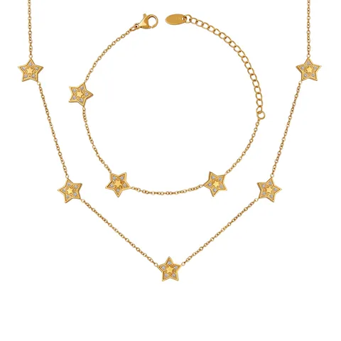 Collier Et Bracelet Étoile Bijoux Acier Titane Plaqué Or 18K Zircon Incrusté Géométrique Minimaliste Pour Femmes