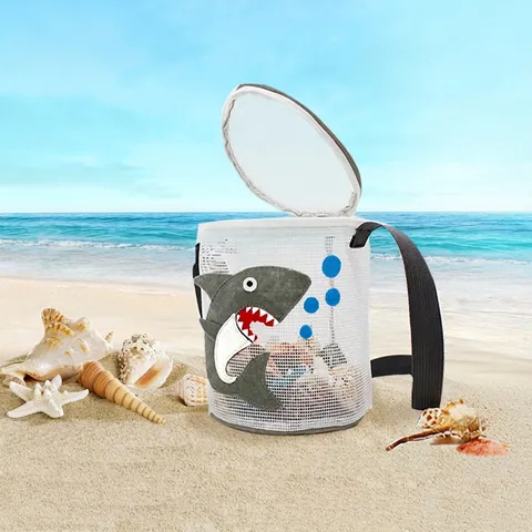 Kids Beach Mesh Shell Bag Cartoon Animal Print Adjustable Strap Crossbody Toy Storage Pouch For Outdoor Travel