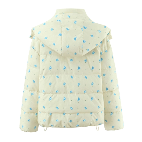 Women Hooded Quilted Jacket Floral Print Polyester Padded Winter Warm Retro Ethnic Style Cotton Coat Outerwear