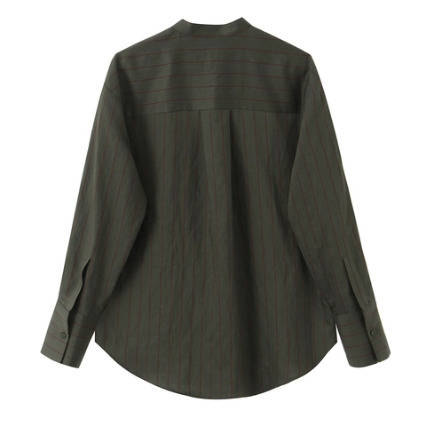 Women Long Sleeve Striped Shirt Polyester Stand Collar Front Pockets Casual Chic Blouse High Low Hem Dark Green