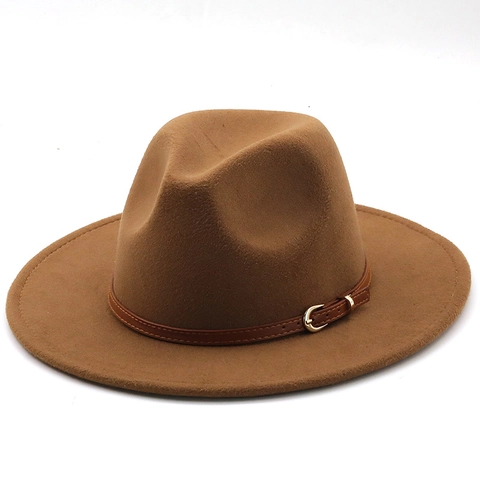 Classic Wool Felt Fedora Hat With Wide Brim And Brown Faux Leather Belt Elegant British Style Jazz Cap Unisex