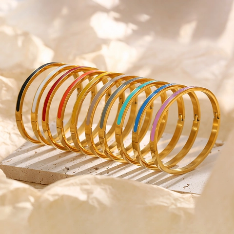 Fashion Stainless Steel Enamel Bangle Bracelet For Women Gold Plated Oval Hinge Cuff Bracelet Elegant Daily Jewelry Gift