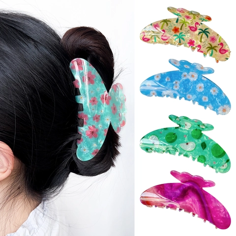 Acrylic Hair Claw Clips Large Resin Floral Fruit Print Shark Clips Strong Hold Non-slip Accessories For Women