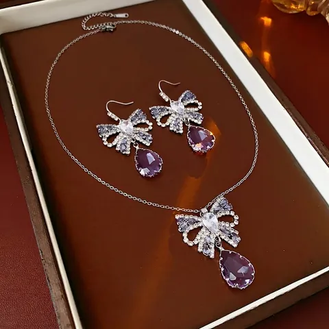 Collier Et Boucles D'oreilles Pendentif Goutte D'eau En Zircon Violet Avec Nœud Bijoux En Cuivre Style Palais Vintage