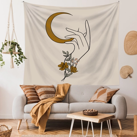 Tapiz De Pared Bohemio Poliéster Decoración Colgante Arte De Línea Minimalista Mano Luna Flor Para Dormitorio Sala De Estar