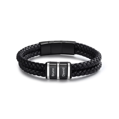 Men Personalized Double Layer Braided Artificial Leather Bracelet With Magnetic Stainless Steel Clasp Black Engraved Name Metal Beads Minimalist Fashion Jewelry