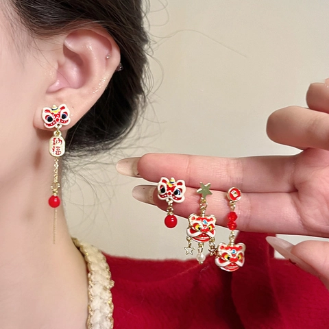 Löwentanz Hängeohrringe Rot Emaille Quaste Chinesischer Stil Schmuck Mit Silbernem Ohrstecker Für Damen Festlich