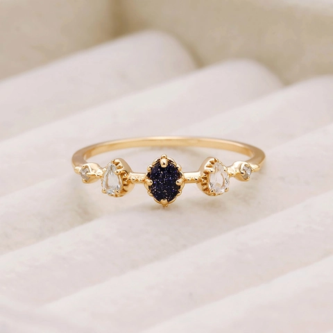 Vintage 925 Sterling Silver 14K Gold Plated Ring Blue Sandstone White Topaz Zircon Elegant Retro Stacking Jewelry For Women