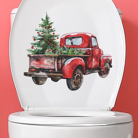 Kerst Toilet Sticker PVC Verwijderbaar Rode Vintage Vrachtwagen Kerstboom Badkamer Decoratie Feest Home Decor Aquarel Stijl
