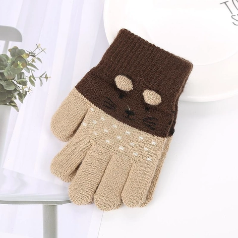 Kids Knitted Winter Gloves Cute Cartoon Cat Full Finger Warm Thick Mitten For Boys Girls