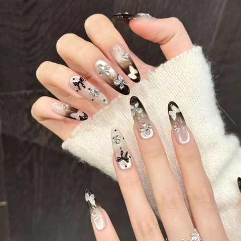 Handmade Press On Nails Brown Gradient Butterfly Rhinestone Long Almond Nails Polka Dot Design Luxury Sweet Nail Art Tips