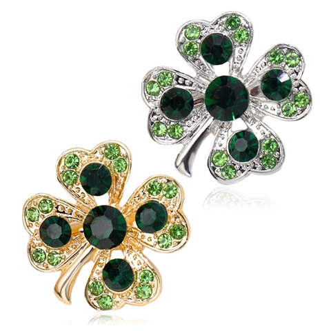 Women's Lucky Four-Leaf Clover Brooch Pin Alloy Green Rhinestone Inlaid Gold Silver Anti-Exposure Corsage Jewelry Gift