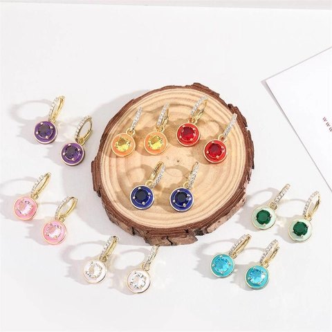 Boucles D'oreilles Pendantes Pierre Ronde Émail Coloré Cuivre Plaqué Or Zircon Bijoux Mode Femmes
