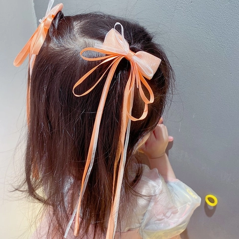 Children Cute Bow Hair Clips Mesh Long Ribbon Hairpins Traditional Hanfu Hair Accessories For Girls Hair Styling