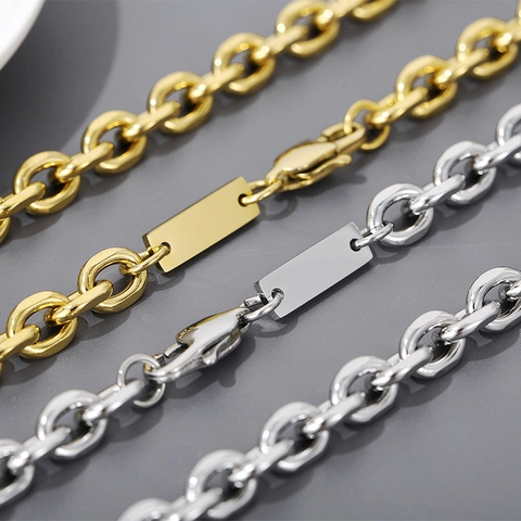 Collar Y Pulsera De Acero Inoxidable Hip Hop Con Placa De Identidad Cuadrada Joyería De Cadena O-Link Unisex Oro Plata
